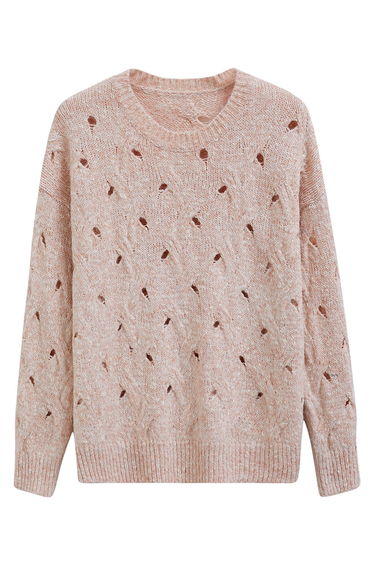 Hollow Out Mix-Color Cable Knit Sweater in Apricot