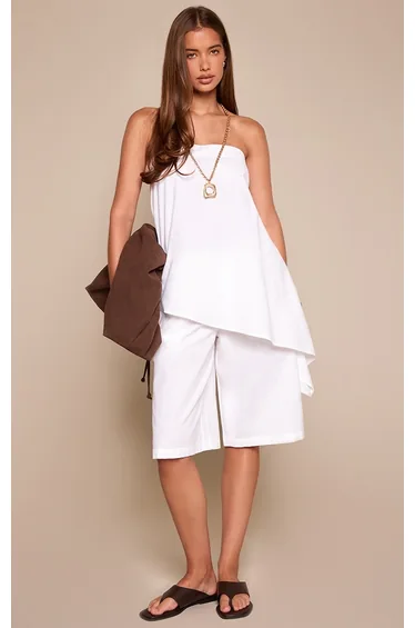 White Linen Pleated Tailored Long Shorts