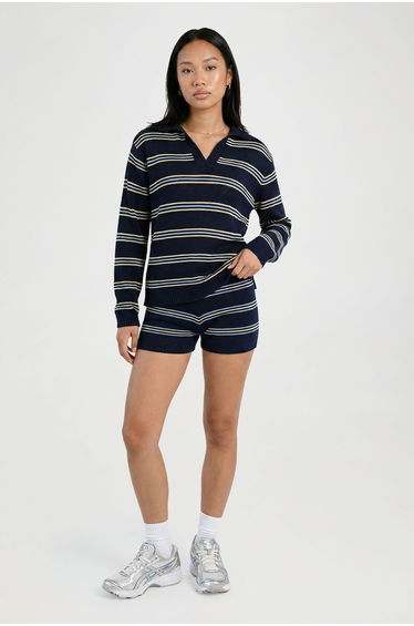 Stripe Knitted V-neck Long Sleeve Top and Short - navy