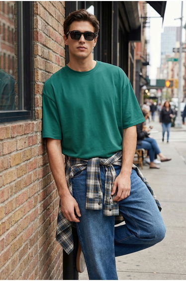 Emerald Green Men's Oversize/Wide Cut Basic 100% Cotton T-Shirt