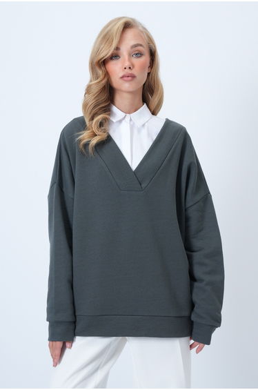 Women's Khaki V-Neck Double-Breasted Oversized Sweatshirt