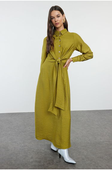 Khaki Tie Waist Woven Aerobin Hijab Dress