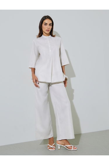 Grey Solid Stand Collar Top and Wide Leg Trousers Modest Set