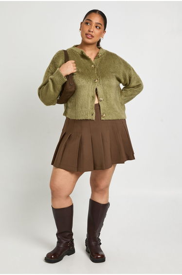 Plus Fluffy Crew Neck Cardigan - khaki