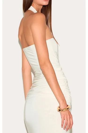 Cream Double Layer Slinky Square Halterneck Drape Detail Maxi Dress