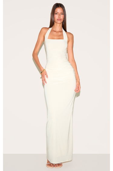 Cream Double Layer Slinky Square Halterneck Drape Detail Maxi Dress