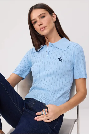 Light Blue Horse Embroidered Polo Collar Hairnet Blouse