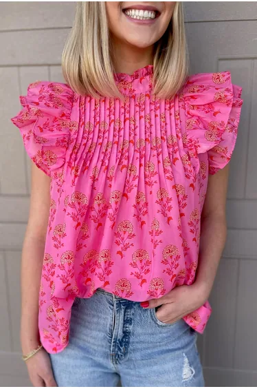 Lvness Rose Red Floral Print Pleated Ruffled Flutter Sleeve Blouse