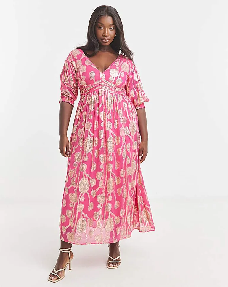 pink and gold midi dress Pink and Red Jacquard Floral Midi Dress