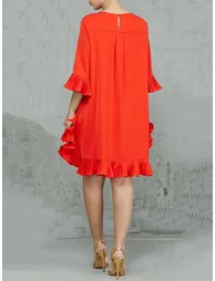 Half Sleeves Loose Falbala Solid Color Round-Neck Dresse - 2