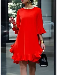 Half Sleeves Loose Falbala Solid Color Round-Neck Dresse - 1