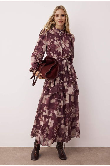 Plum Lined Floral Woven Chiffon Dress
