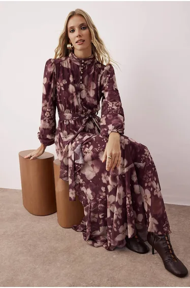 Plum Lined Floral Woven Chiffon Dress