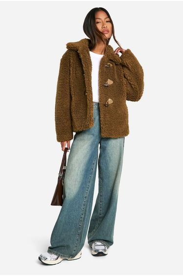 Toggle Detail Teddy Fur Coat - tobacco