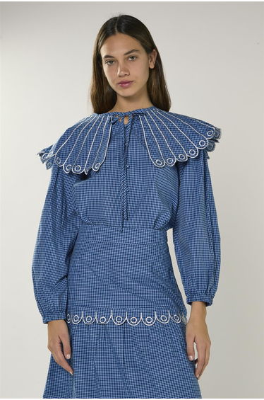 Navy Multi Check Embroidered Collar Long Sleeve Blouse