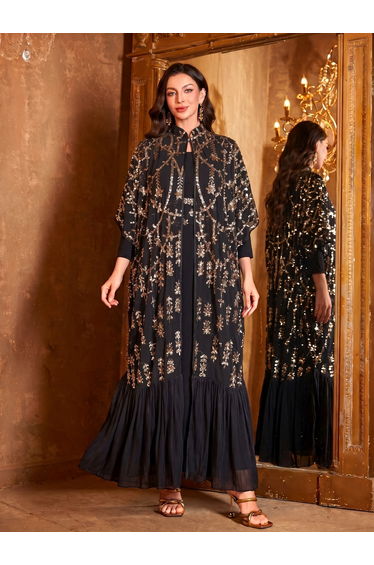 Black Sequined Cape and Maxi Dress Co-Ord Set