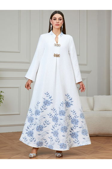 White Jacquard Floral Print A-Line Jalabiya
