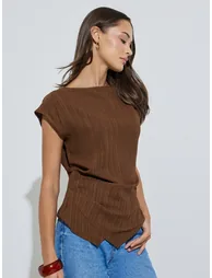Brown Waist Side Gathered Asymmetric Hem Blouse