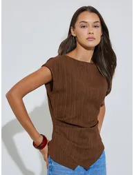 Brown Waist Side Gathered Asymmetric Hem Blouse - 2