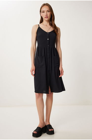 Women's Black Strap Button Summer Ayrobin Dress