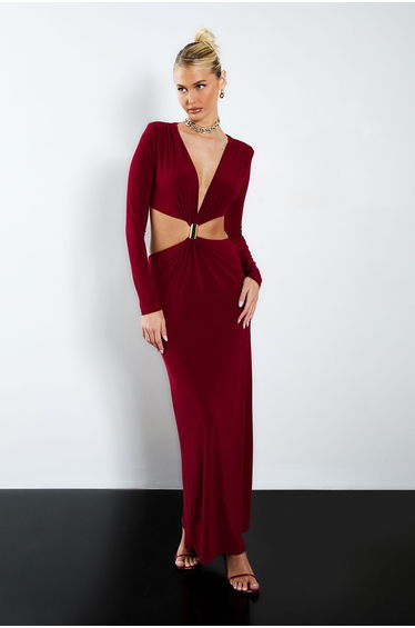 Trim Detail Cut Out Maxi Dress - burgundy