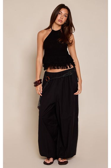 Black Tie Neck Loop Fringe Knit Top