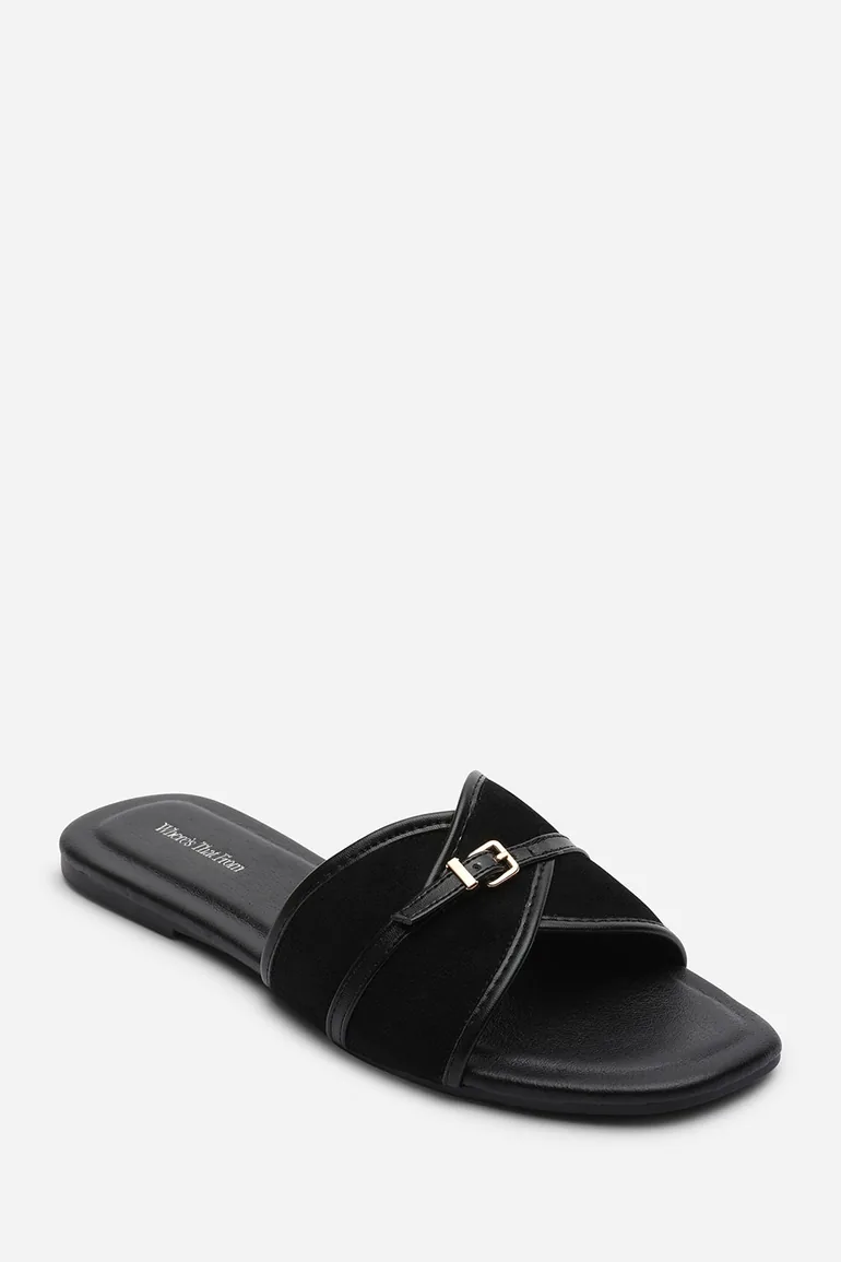 Mariva Cross Over Buckle Black Suede Slide On Sandal - 2