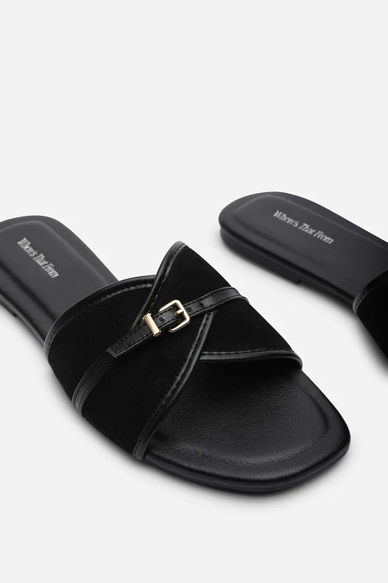 Mariva Cross Over Buckle Black Suede Slide On Sandal - 4