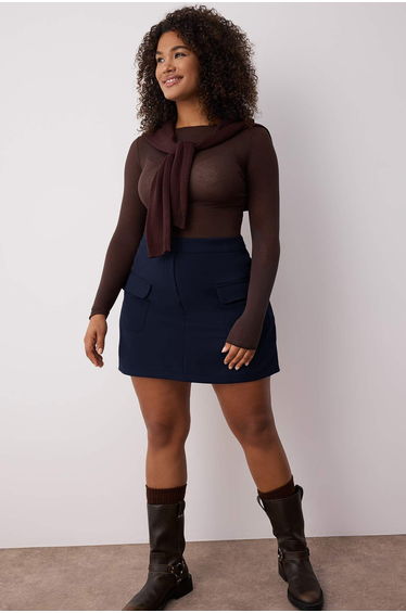 Navy Blue Mini Pocket Woven Plus Size Skirt