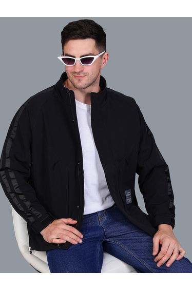 Men Black Plain Windbreaker Jacket