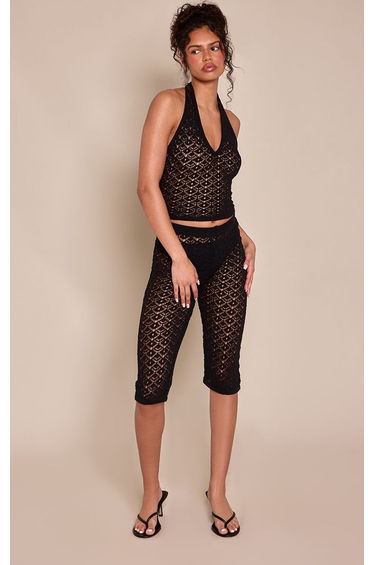 Black Crochet Knit Halterneck Top