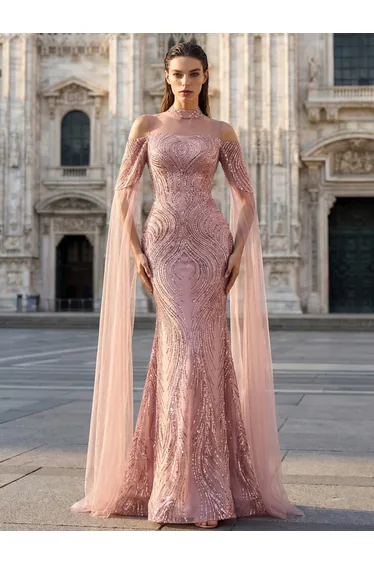 Leely Dusty Pink Beaded Mermaid Evening Gown with Cape Sleeves