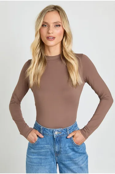 Petite Second Skin Crew Neck Long Sleeve Bodysuit - mocha