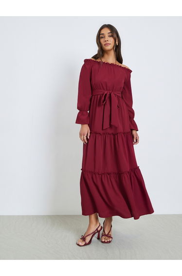 Maroon Off Shoulder Tiered Maxi Dress