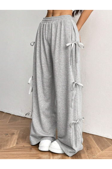 Solid Bow Detail Elastic Waist Wide Leg Pants