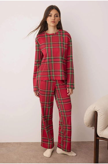 Red Plaid / Checkered 30/1 Jersey Knitted Pajama Set