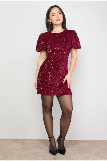 Petite Occasion Puff Sleeve Sequin Mini Dress