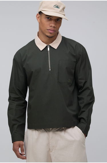 Oversized Boxy Quarter Zip Contrast Collar Poplin Shirt - forest