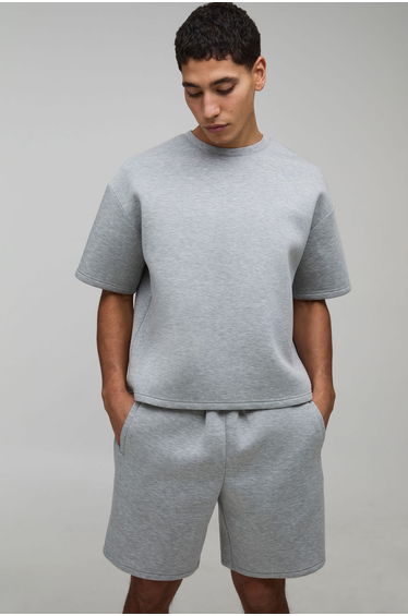 Oversized Boxy Bonded Scuba T-Shirt & Relaxed Short Set - grey marl