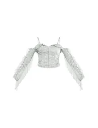 Sage Green Applique Detail Woven Hook & Eye Frill Boned Bardot Corset - 4