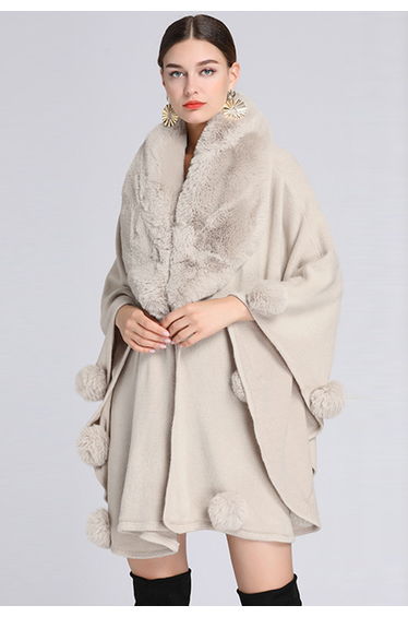 Faux Fur Collar Pom-Pom Trim Poncho in Ivory