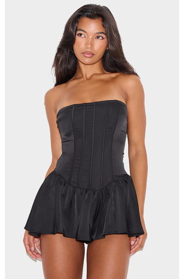 Black Satin Corset Detail Bandeau Playsuit
