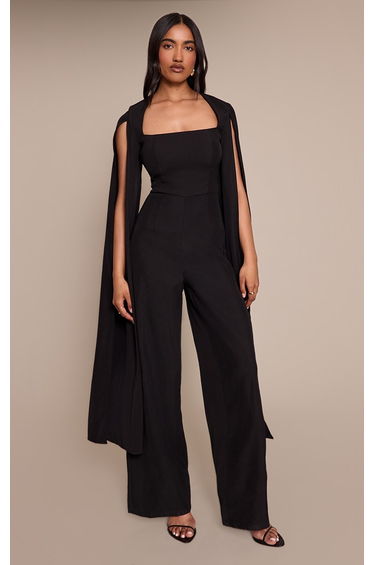 Black Woven Cape Sleeve Wide Leg Jumpsuit