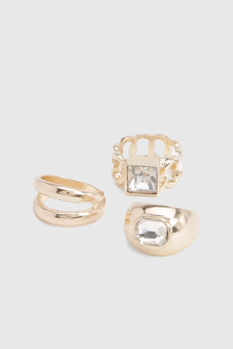 Statement Chunky Diamante Rings 3 Pack - gold - 2