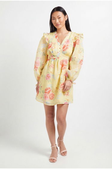 Petite Printed Frill Detail Blouson Sleeve Mini Dress