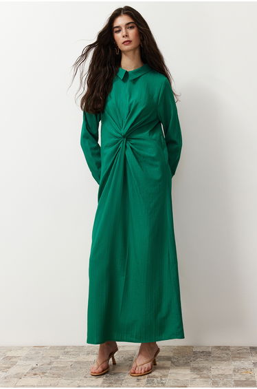 Emerald Green Front Knot and Zipper Detail Woven Dress