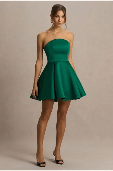 فستان قصير ساتان بأكتاف مكشوفة - أخضر