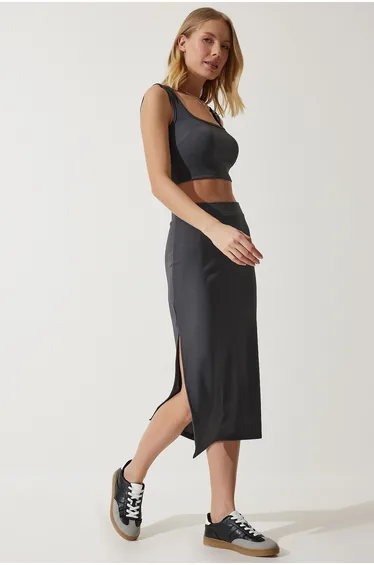 Women's Smoked Strappy Crop Pencil Skirt Knitted Set