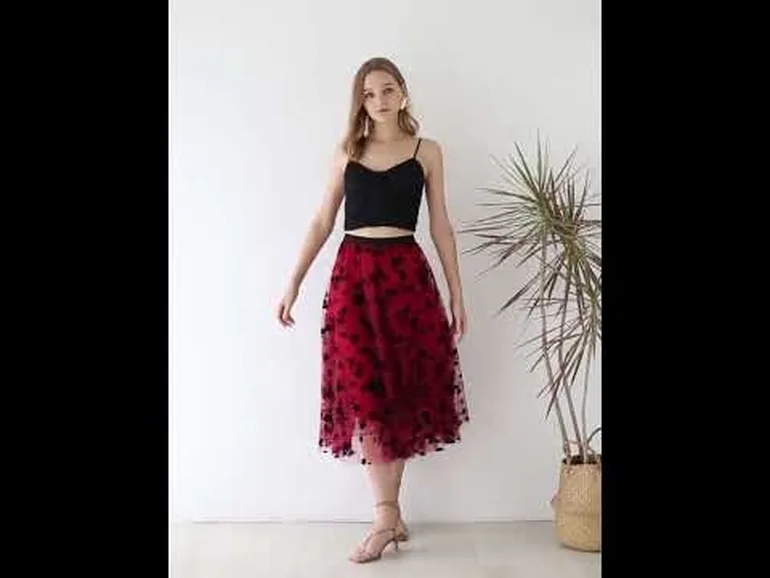 3D Posy Double-Layered Mesh Midi Skirt in Red - 15