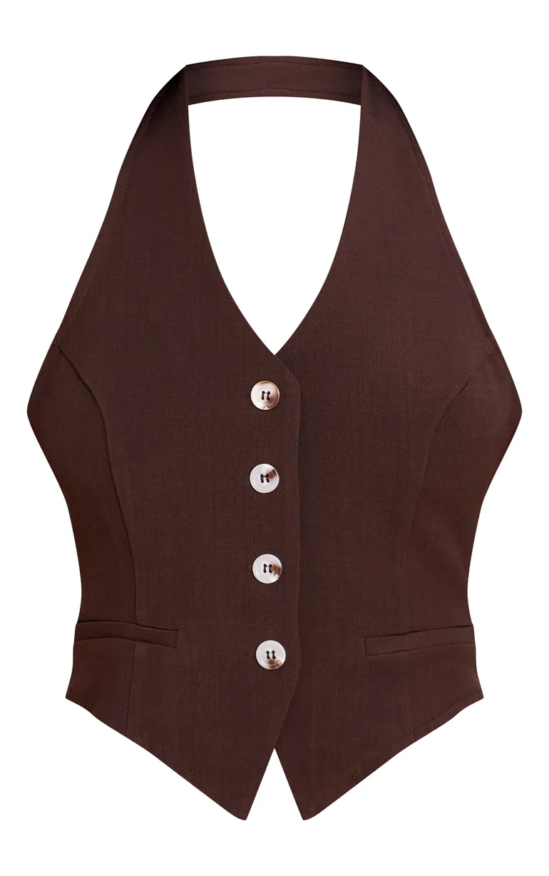 Dark Brown Tailored Woven Backless Halterneck Waistcoat - 4